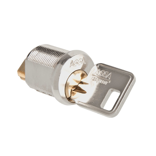 Metal lock mechanism with key on a white background.