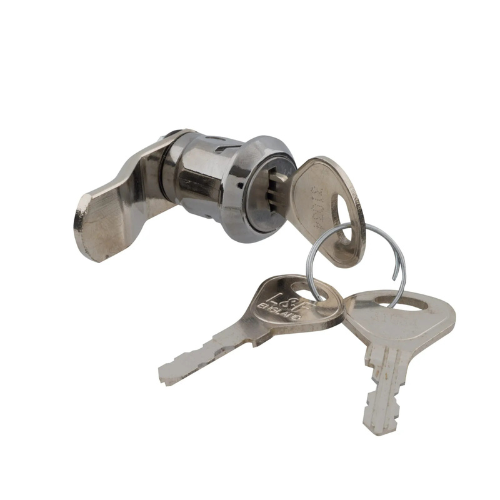 Metal lock mechanism with two keys on a white background.