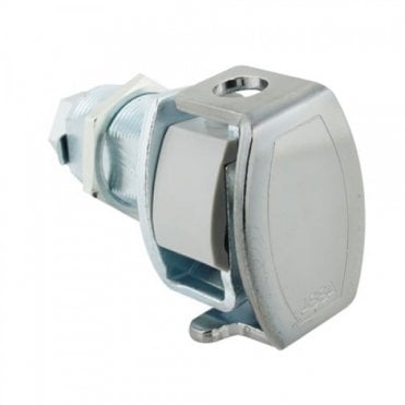 Metal lock mechanism on a white background.