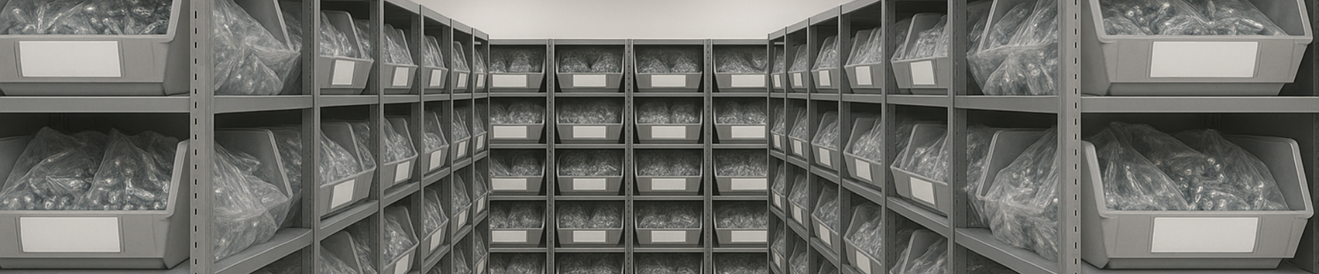 Storage room with shelves filled with labelled boxes holding locker locks.