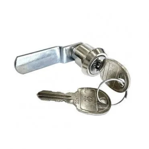 Metal lock with two keys on a white background.