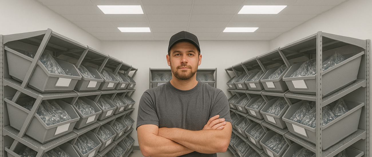 Man standing in a storage room with shelves filled with labelled bins holding locker locks.